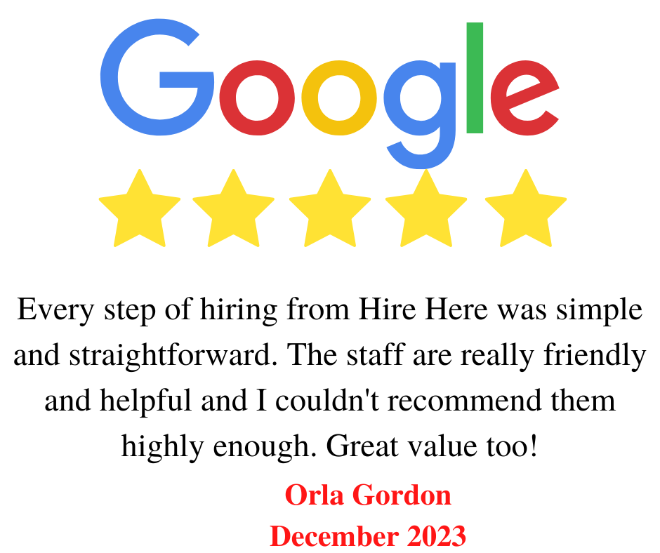 Hire Here Dublin 5 star Google Review  December 2023