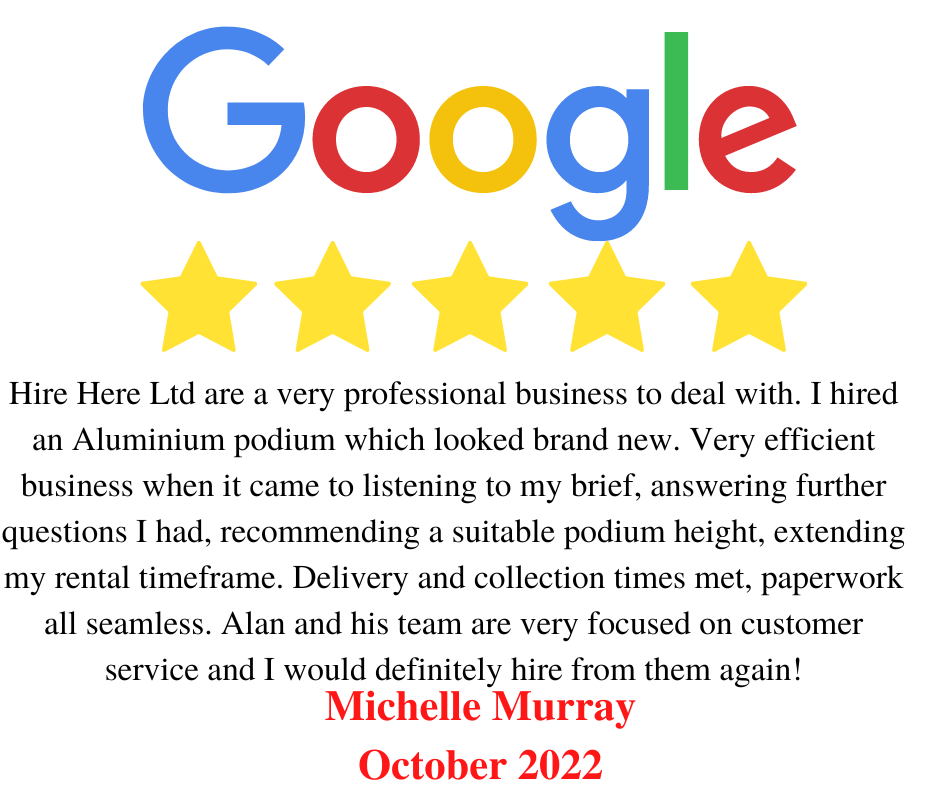Hire Here Dublin 5 star Google Review October 2022